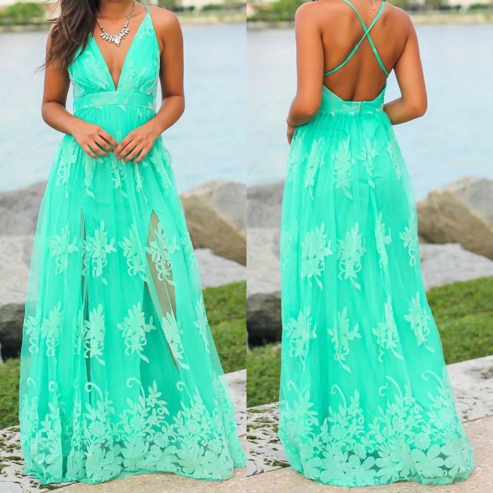 Turquoise Floral Maxi Dress with Criss Cross Back